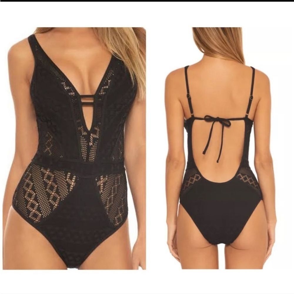 Becca Women's Black color Play Crochet Plunge One-Piece Swimsuit sz Medium